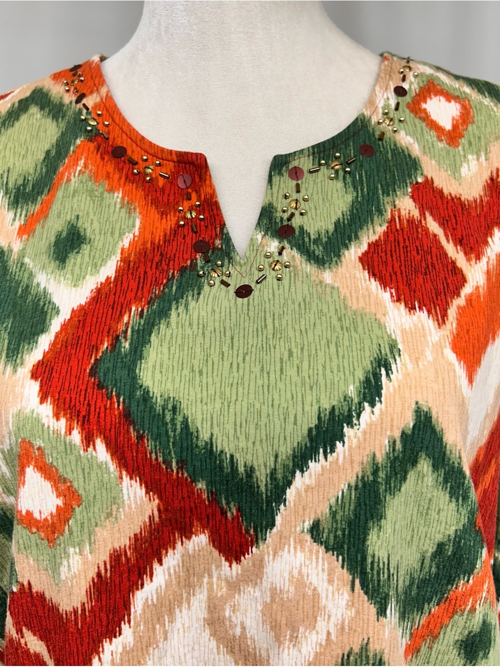Alfred Dunner Green, Orange & Cream Geometric 3/4 Sleeve Tunic Size Large - Picture 5 of 9